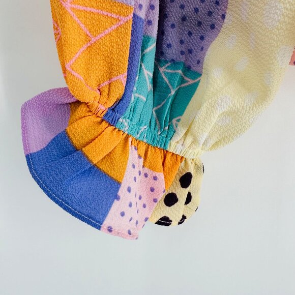 Fate Multicolor Abstract Patchwork Long Puff Sleeve Ruffle Keyhole Blouse Size S - Picture 6 of 9